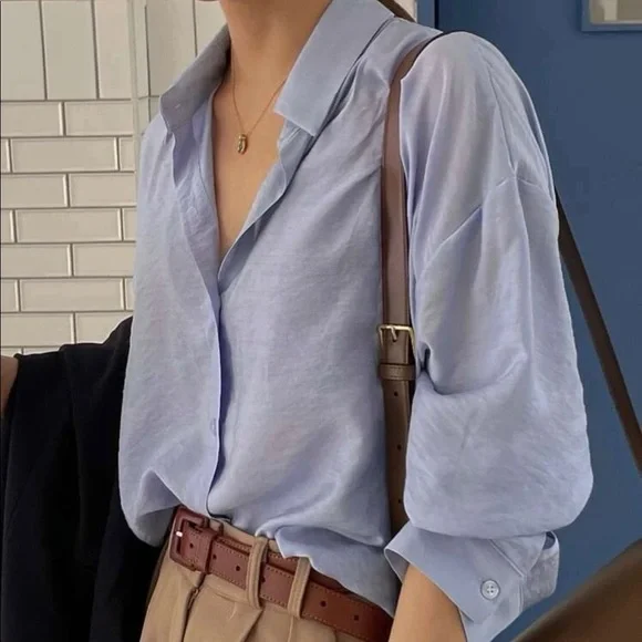 Blouse shirt blue light office casual button collar long sleeve top - Picture 1 of 7